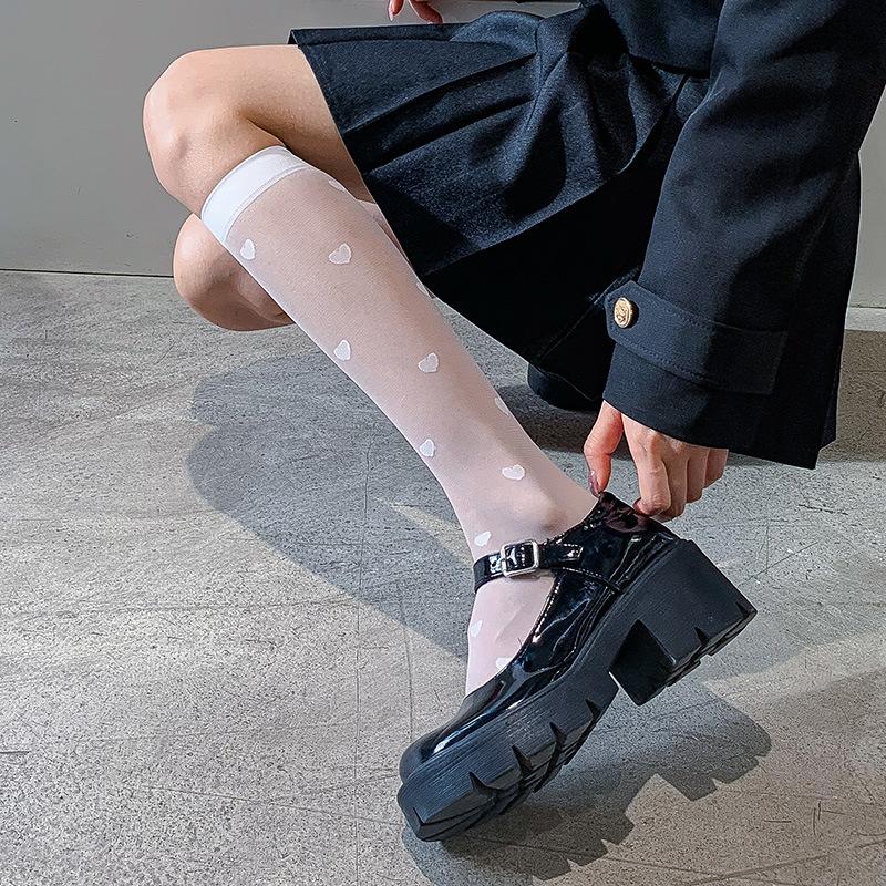 Korean JK School Black White Socks For Women Sexy Girls Heart Print Socks College Style Fishnet Stockings Knee High Stockings
