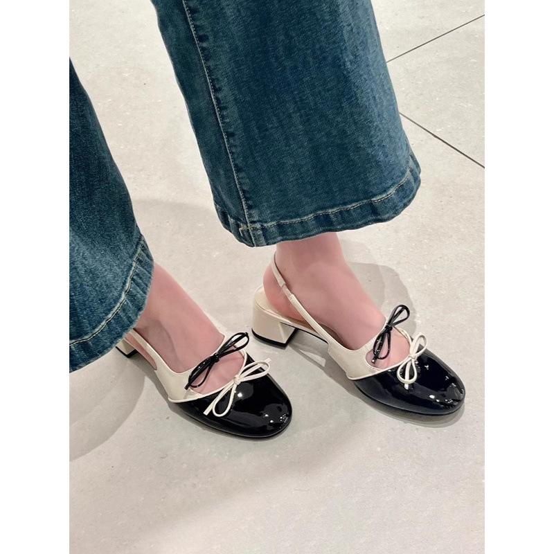 Bow Girl Ballet Shoes Round Head Thick Heel Mary Jane Single Shoes Women'S Empty Bag Head Sandals