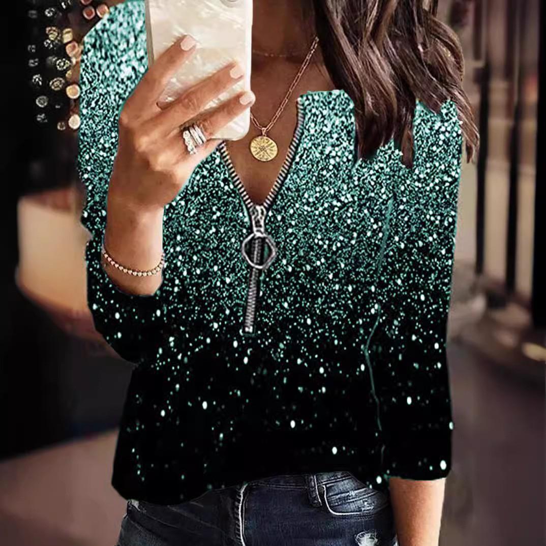 

Женская мода Свободная повседневная рубашка с длинными рукавами на молнии с цветочным принтом и v-образным вырезом Блузки Туники Топы XXL озеро зеленый