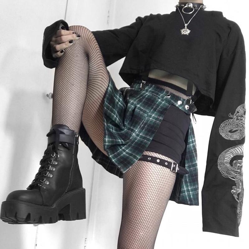Print Dragon Autumn Crop Sweatshirt Long Sleeve Korean Fashion Pullover Black Casual Gothic Streetwear Sweatshirts