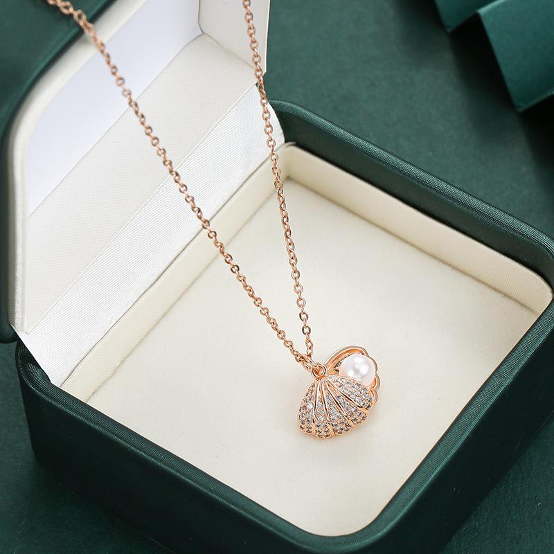 Korean Sweet Zircon Inlaid Open Pearl Shell Pendant Women Necklace Female Stainless Steel Party Jewelry Ladies Neck Chain