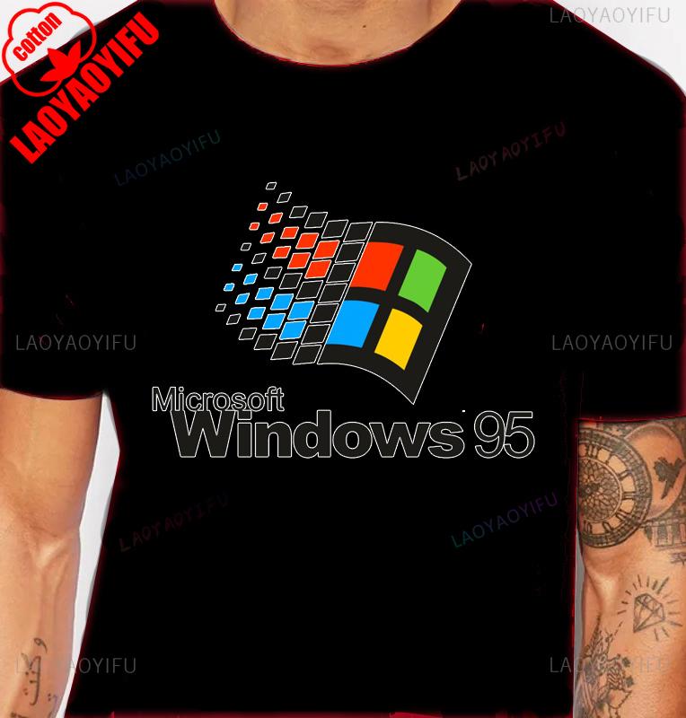 Windows 95 Grafik Lustig Computersystem T-Shirt Vintage 90er 80er Programmierer Witz Meme Herren T-Shirt Baumwolle Kurzarm Y2k T-Shirts