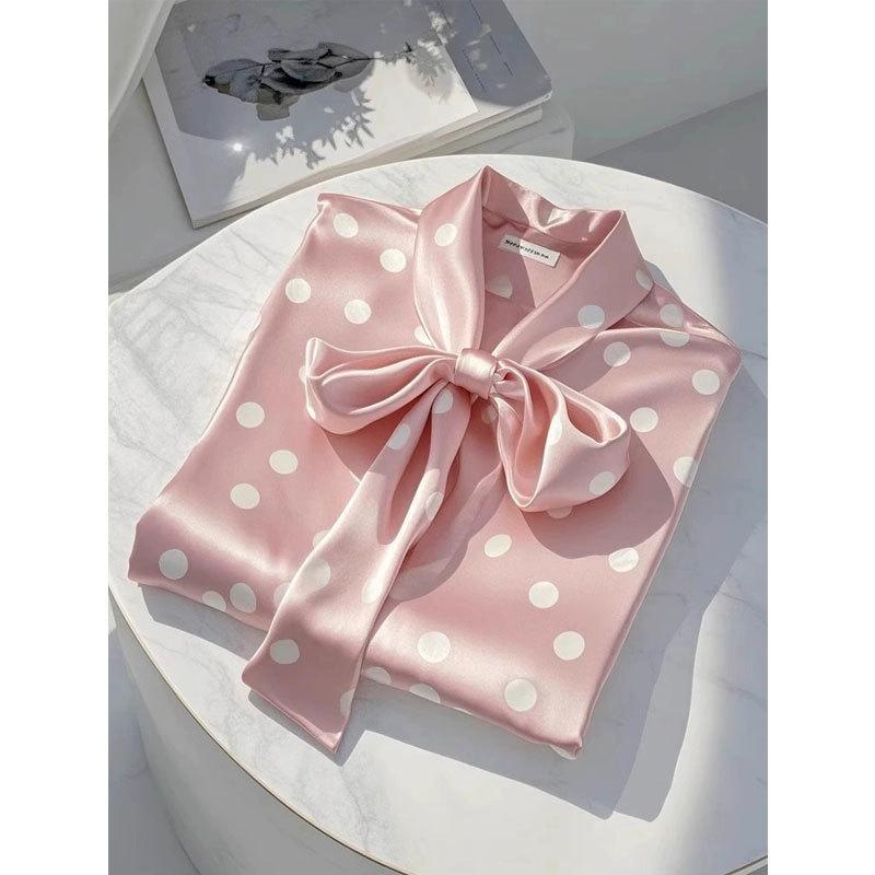 Elegant High Quality Satin Polka Dot Print Shirt Women Office Lady Business Casual Chic Blouse Lace-up Bow Long Sleeve Loose Top
