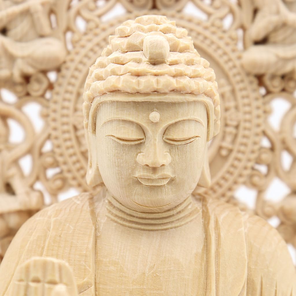 Special Buddhist Statue Yakushi Nyorai Seated Statue Inches Height 22 Width 10 Depth 10 Carved Cypress Wood Flying Celestial Halo Octagonal Base 6791