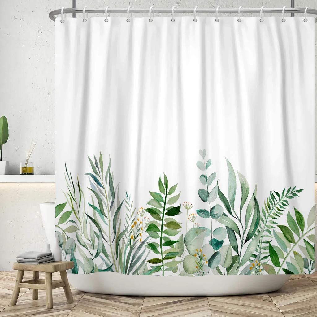 Green Eucalyptus Leaves Plant Shower Curtain Watercolor Leaf Floral Flower Boho Waterproof Bathtub Bathroom Shower Curtain Decor