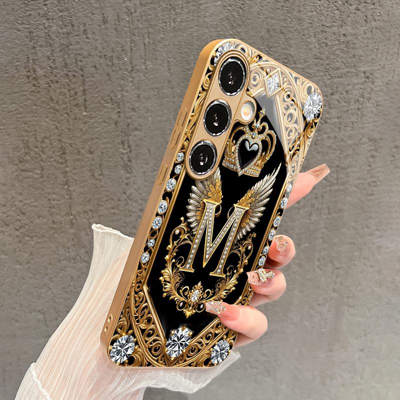 Crown M Letter Pattern 2D Phone Case Gold Metal Paint Glass Protective Cover Compatible with Samsung S26 S25 S24 S23 S22 S21 S20