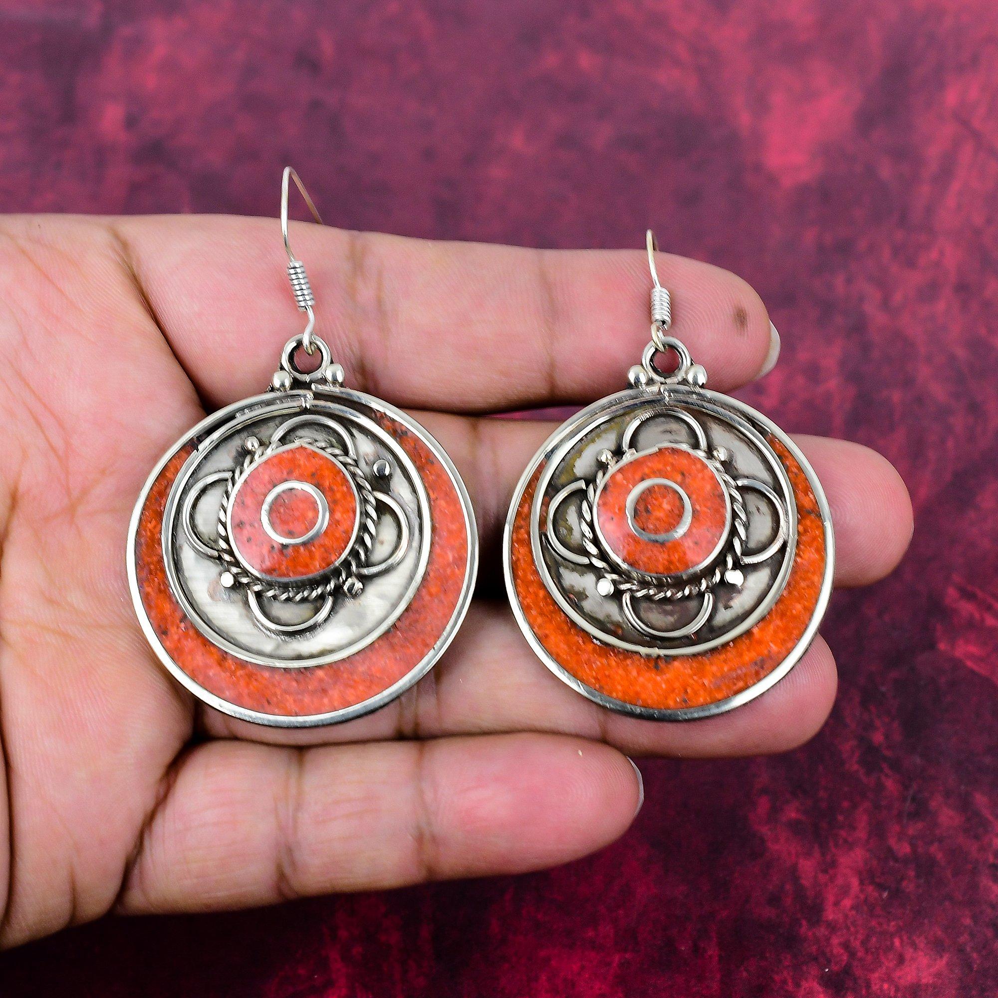 

Коралловые серьги из цельного стерлингового серебра 925 пробы в непальском стиле, Ювелирные изделия с драгоценными камнями ручной работы, Подарки для жены, Совершенно новые серьги 2.28 Inches