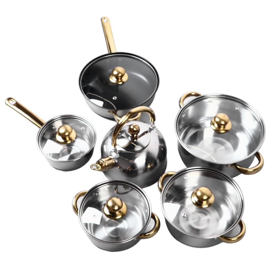 12Pcs Kitchen Pots Stainless Steel Golden Handle Smoothing Sturdy Easy to Clean Cookware Set for Home Cooking