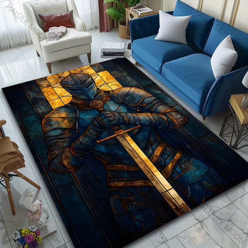 1PC Blue Armored Knight with Sword Print Carpet Rug for Living Room Bedroom Sofa Doormat Home Decor Non-slip Floor Mat