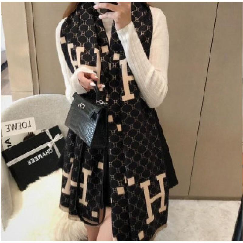 Premium Double-Sided Jacquard Houndstooth Scarf Wrap Women Winter Fall Warm Cotton Blend Shawl 185x70cm