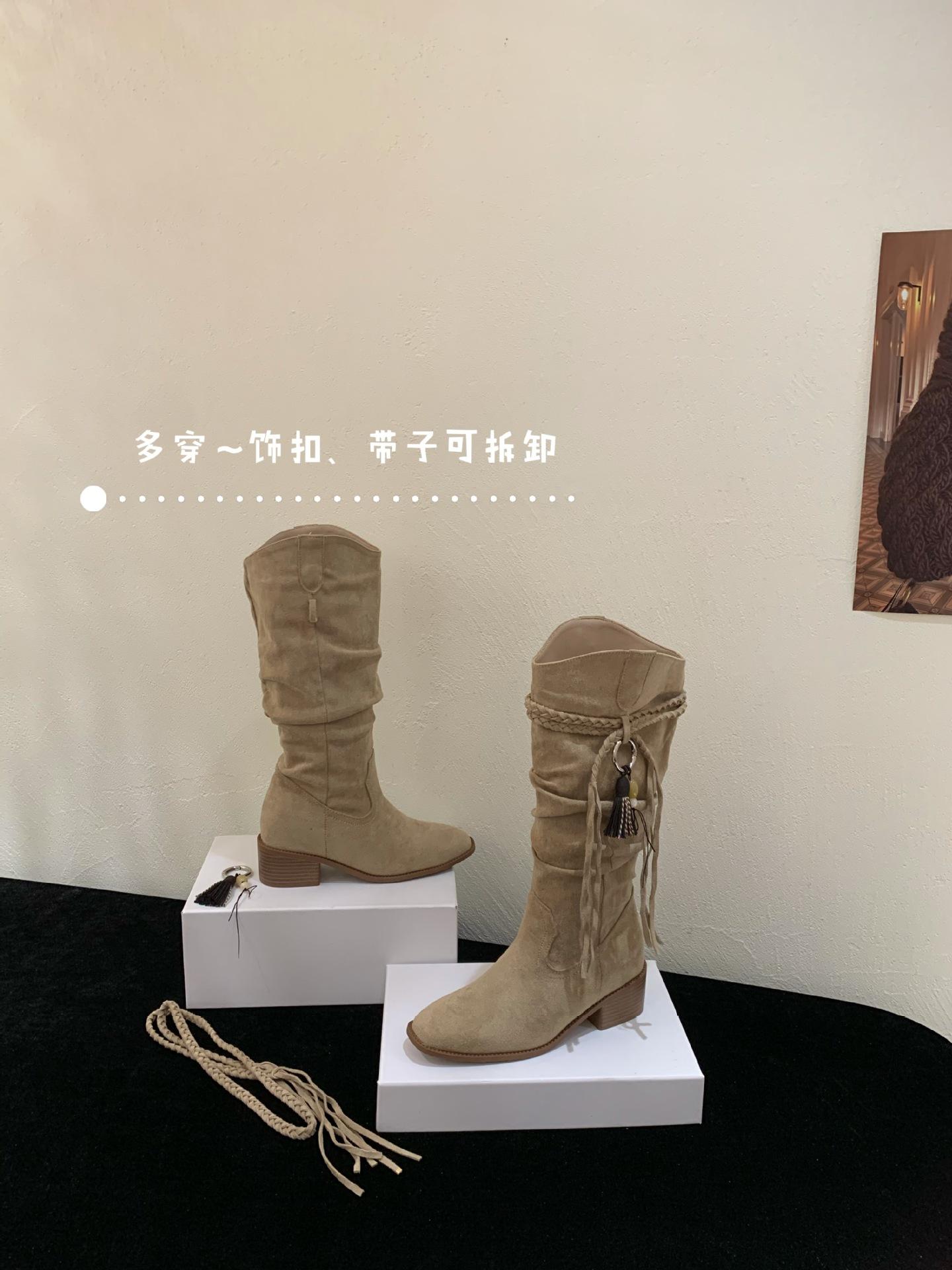 

2025 retro wasteland fringed knight boots thick heel but knee boots women s thin pleated stacked high boots 39