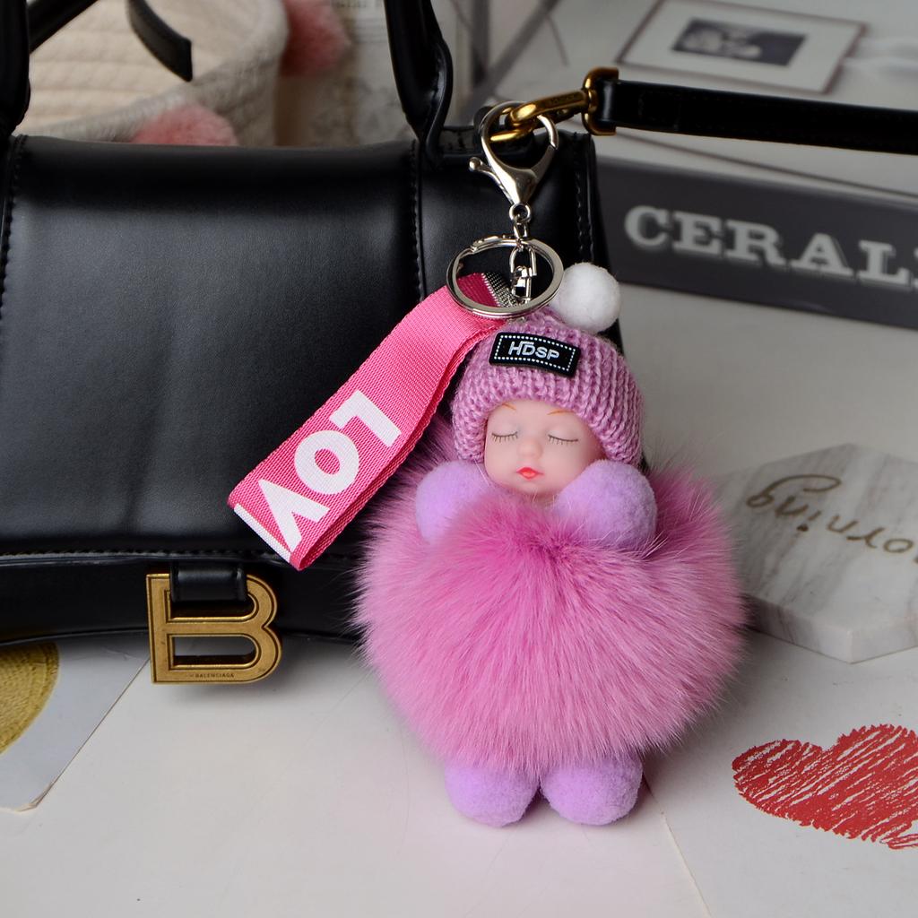 Pompom Sleeping Baby Keychain Cute Fluffy Plush Doll Keyholder Women Girl Bags Keyrings Cars Key Ring Gift Charming Decoration