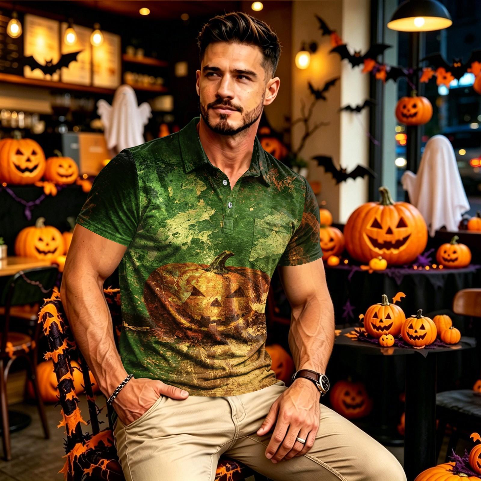 Men s Casual Long Sleeve Quick-Dry Golf Shirt with Pocket Halloween Print L