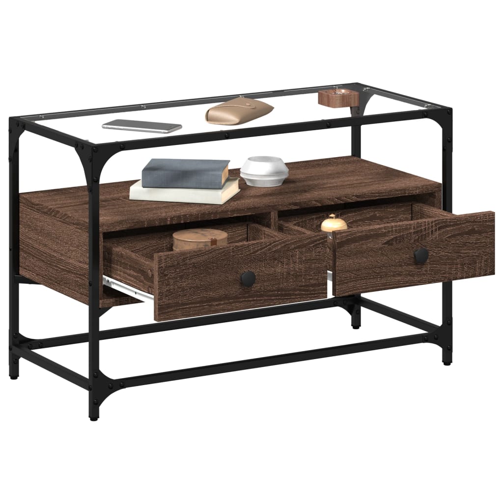 TV Stand with Glass Top Brown Oak Finish 80 X 35 X 51 Cm Particleboard