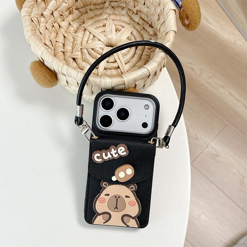 Cartoon Capybara Wallet Card Holder Hand Strap Phone Case for Apple 16 Lanyard for IPhone 17 Promax Soft Case