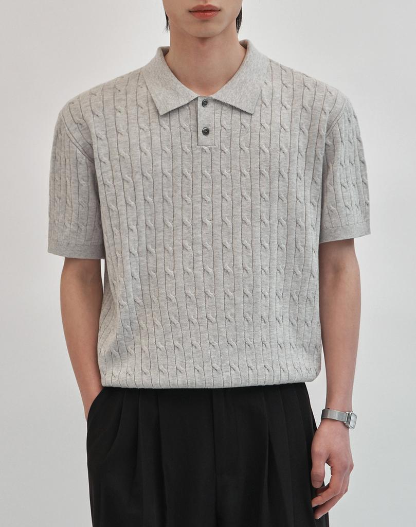 WORK ON BODY OFF Tres Semi-Overfit Cable Collar Short Sleeve Knit [Gray]