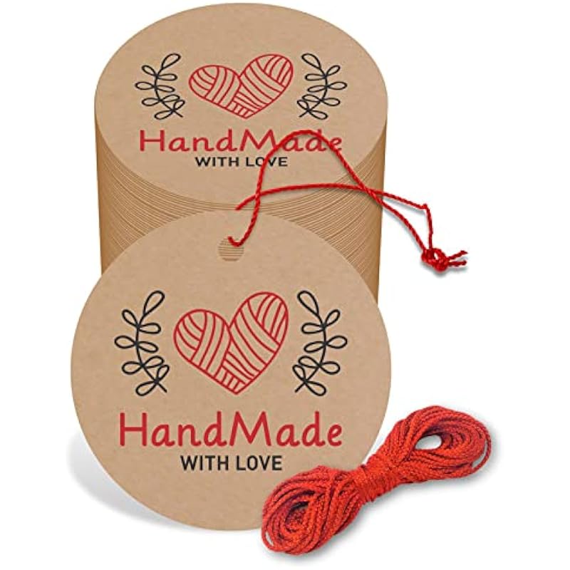 Clickedin - 50 Pieces ""Handmade with Love"" Tags, Brown Craft Tags for Best for Order Packaging,