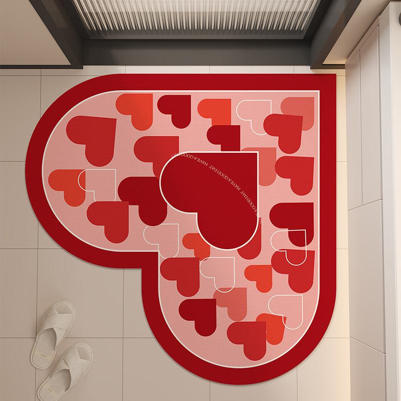 Red Heart-Shaped Carpet Bathroom Mat Diatomaceous Earth Water-Absorbing Mat Quick-Dry Non-Slip Mat