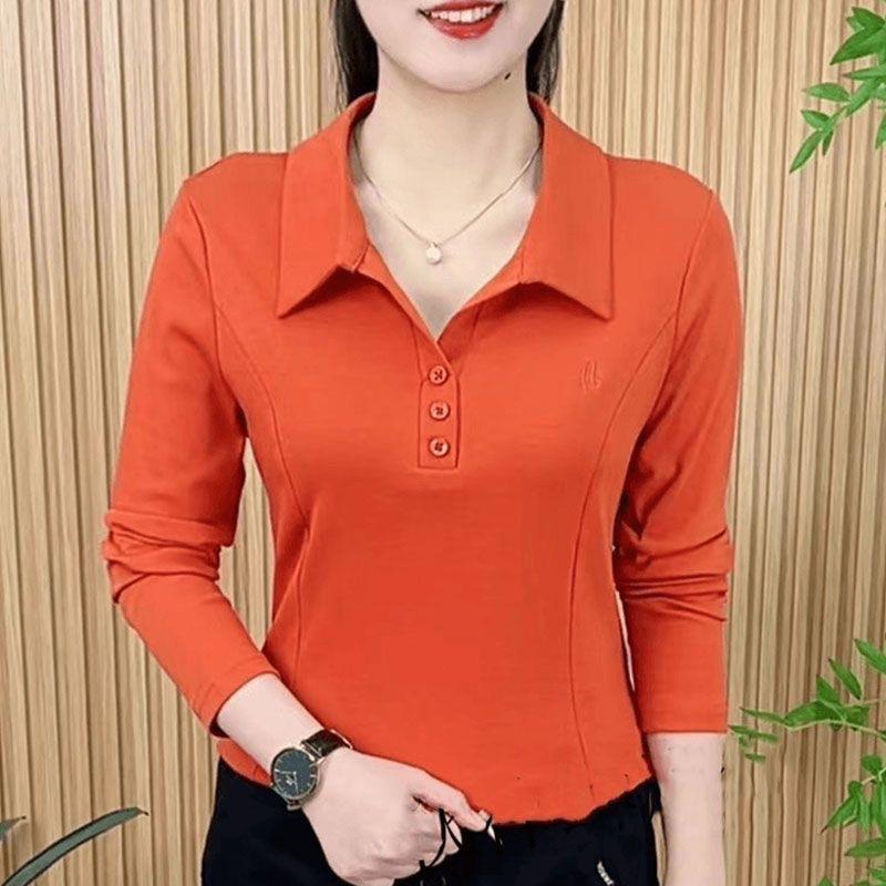 Spring and Autumn Fashionable Western-style T-shirt for Women, Simple Solid Color Lapel, Long Sleeved Embroidery for Slimming, POLO Collar Base