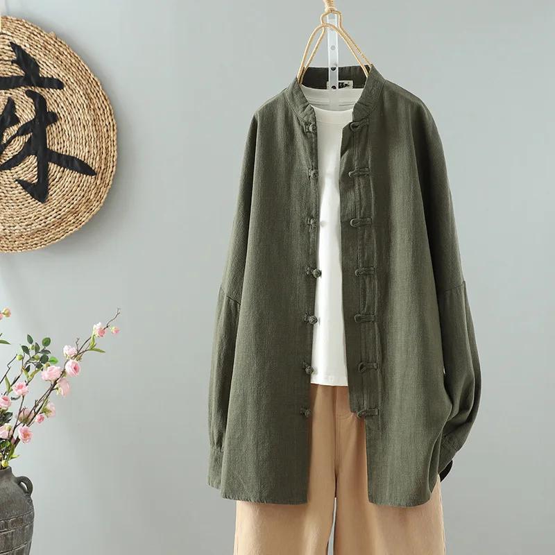 Spring Retro Design Cotton Linen Long Sleeve Women's Shirt Button Tea Costume Elegant Fashionable Business Casual