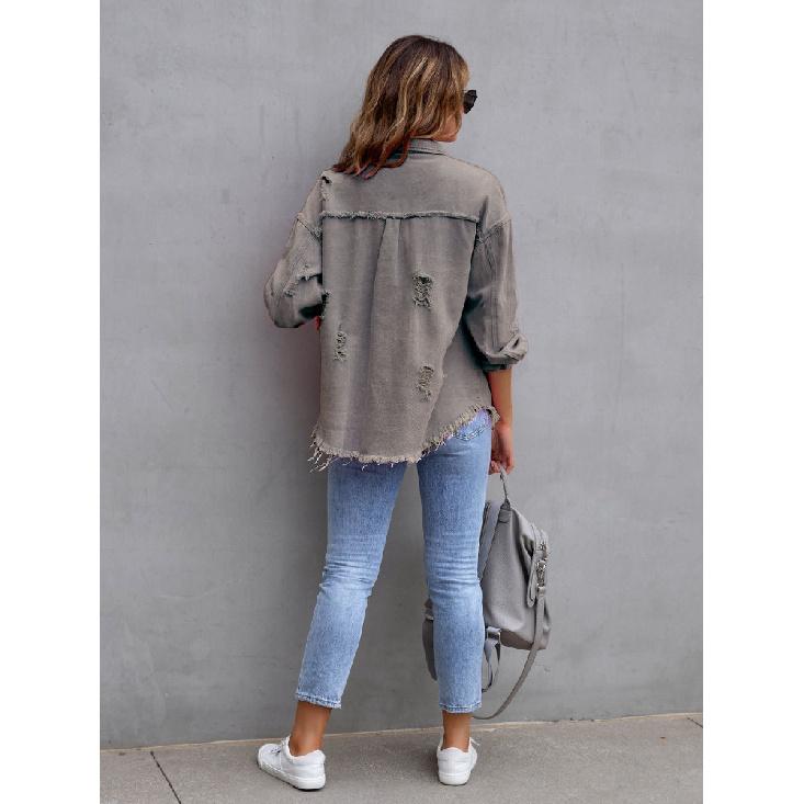 Podzim Zima Dámská Nová Džínová Bunda Módní Broušený Okraj Děravá Dutá Dlouhý Rukáv Jednořadé Zapínání Ležérní Límec Top