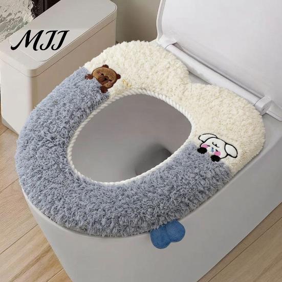 Easy Clean Commode Seat Cushion Soft Plush Toilet Cover, Cartoon Warmer Pad with Zipper Closure, Thickened Thick Fluffy Bathroom Decor for Winter,