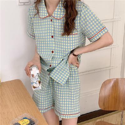 Women's Summer Homewear Set Ladies Short Sleeve Plaid Top + Pants Simple Set