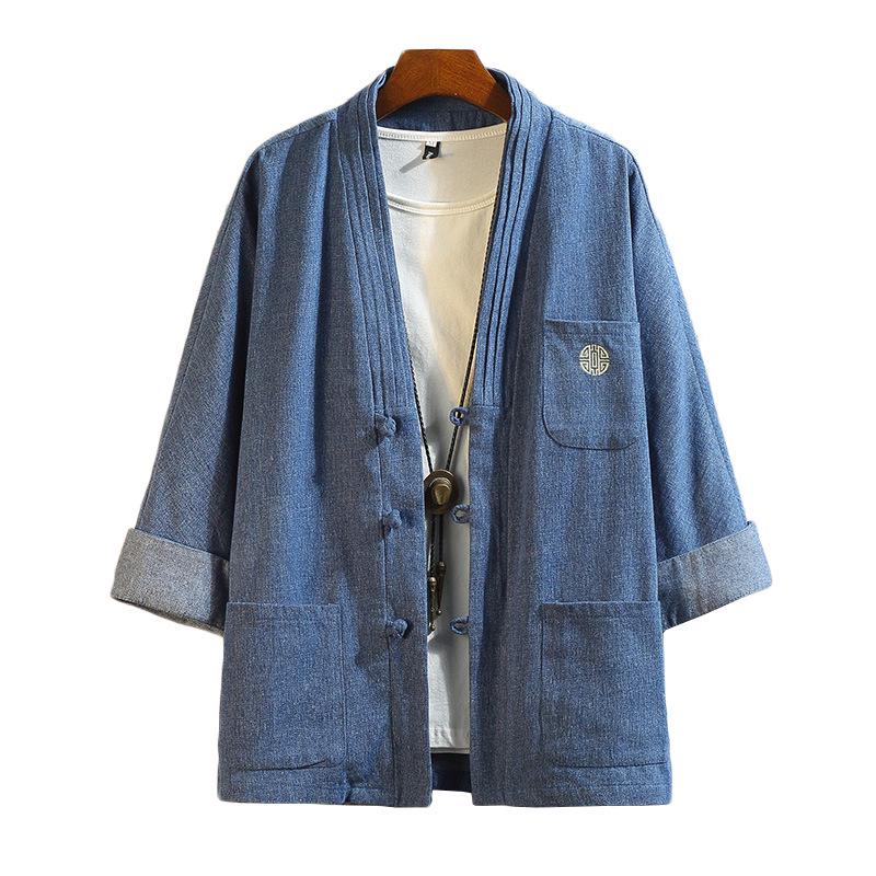 Herren Frühling Denim Tang Anzug Jacke mit chinesischen Froschknöpfen: Zen-inspirierte taoistische Hanfu-Robe