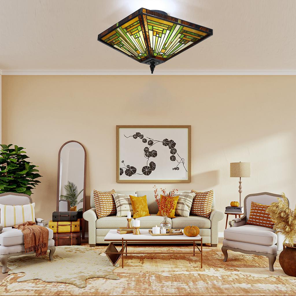 Tiffany Style Stained Glass Lamp,Handmade Artisan Ceiling Light W/ E26 Holder,Dimmable Lighting Fixture for Living Room,Kitchen