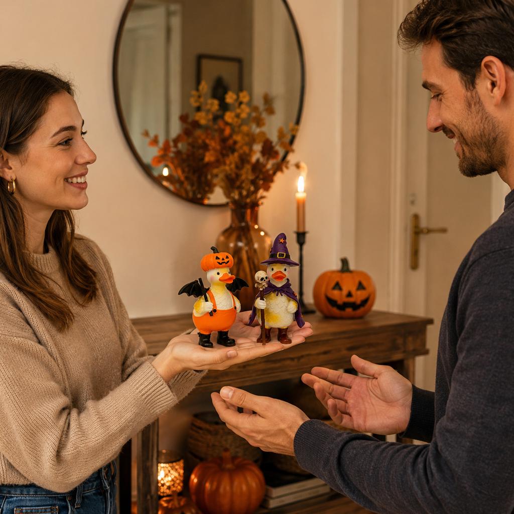 Mit Kürbishut und Skelettkolben Harz Halloween Figurine Set von 2 - Dekorative Ornamente für die Wohnkultur