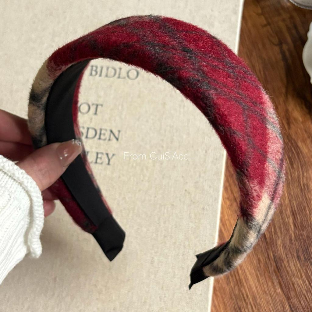 Women's Red Plaid Wool Wide-Brimmed Headband - Perfect for Christmas & New Year Outings
