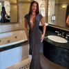 Damen Europäischer Stil Sexy Einfarbige Tiefer V-Ausschnitt Kurze Ärmel Band Schmal Bodycon Langes Kleid