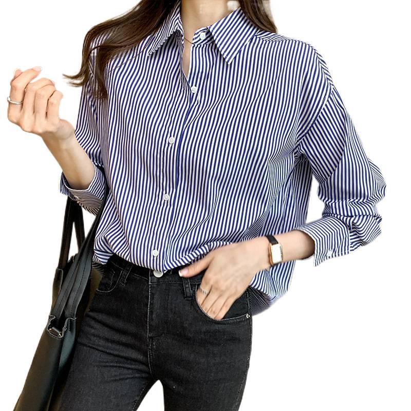 2023 Women's Korean Style Striped Cotton Shirt – Spring Loose Fit, Versatile for Inner or Outer Wear