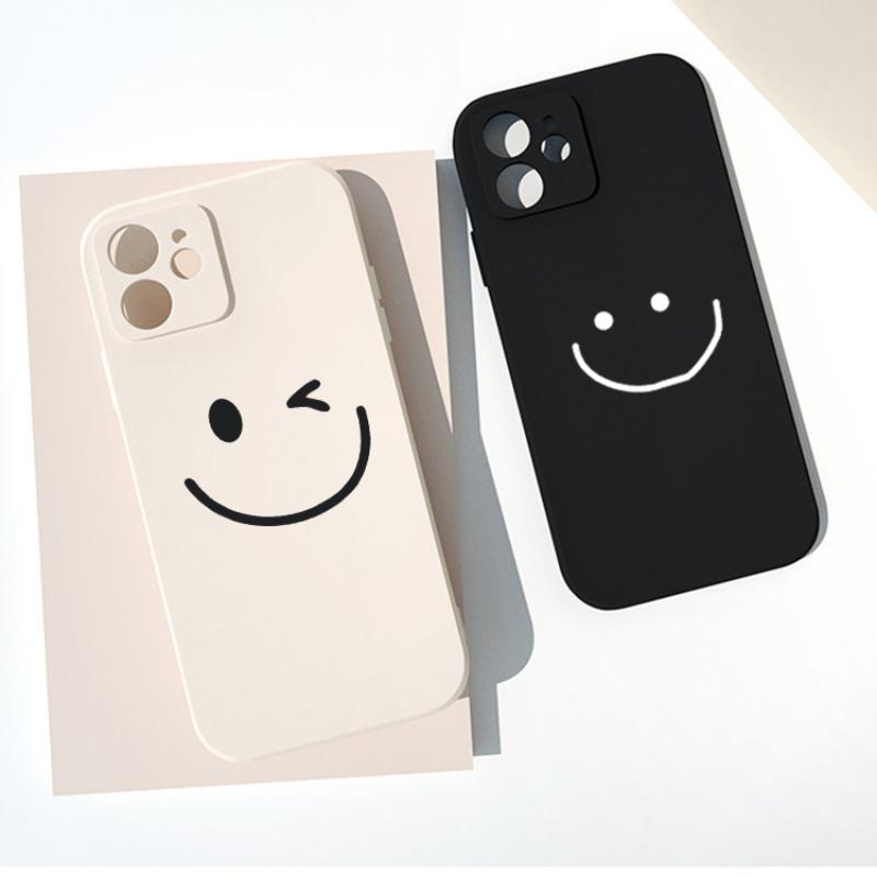Funny Simple Smile Face Couple Case For iPhone 14 13 Pro XS MAX XR X SE2020 7 11 12 8Plus Black White Soft Silicone Phone Cover