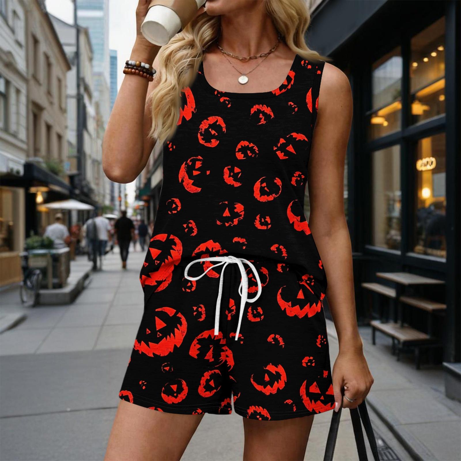 Women s Fashionable Casual Halloween Color-Block Printed Sleeveless Set S