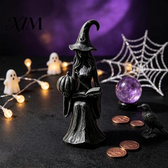Indoor Holiday Seasonal Display Pumpkin Witch Ornament, Halloween Gothic Style Tabletop Figurine, Retro Home Decor Ornament PLA Statue for Bookshelf