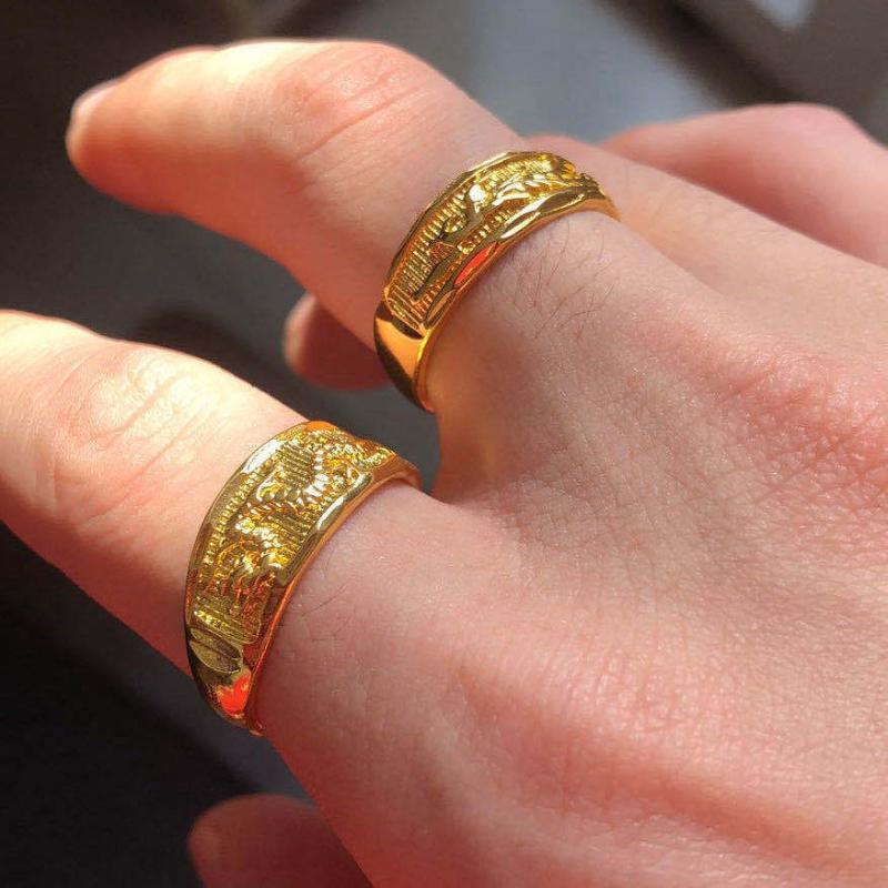 Adjustable Open Couple Rings Gold Carved Dragon Phoenix Pattern Fashion Jewelry for Wedding Gift