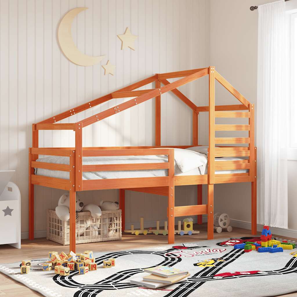 High Bed with Roof Wax Brown 90 x 200 cm Solid Pine Wood
