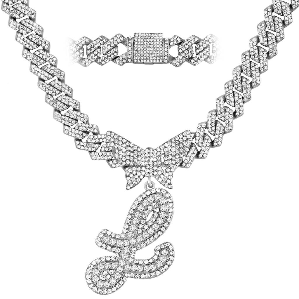 Men Women 14MM Cuban Chain Crystal Butterfly Initials Name Pendant Necklace Iced Out Cursive Letters Rapper Necklace Jewelry New