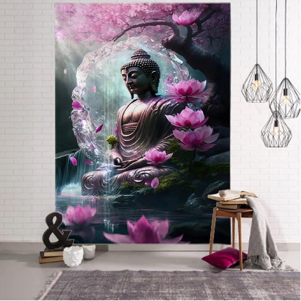Religious Buddha Lotus tapestry wall hanging psychedelic wall art decoration Buddha statue sculpture living room home decoration