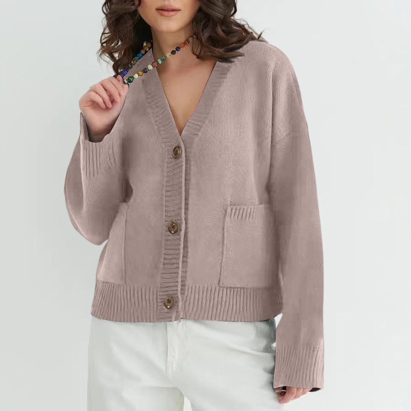 

Женский однотонный кардиган крупной вязки с V-образным вырезом и карманами, куртка-свитер L верблюд