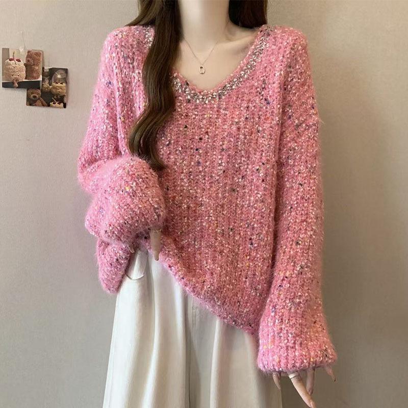 Korean Style Beaded Polka Dot Patchwork Wool Women's Autumn/Winter Fluffy Long-Sleeve Top