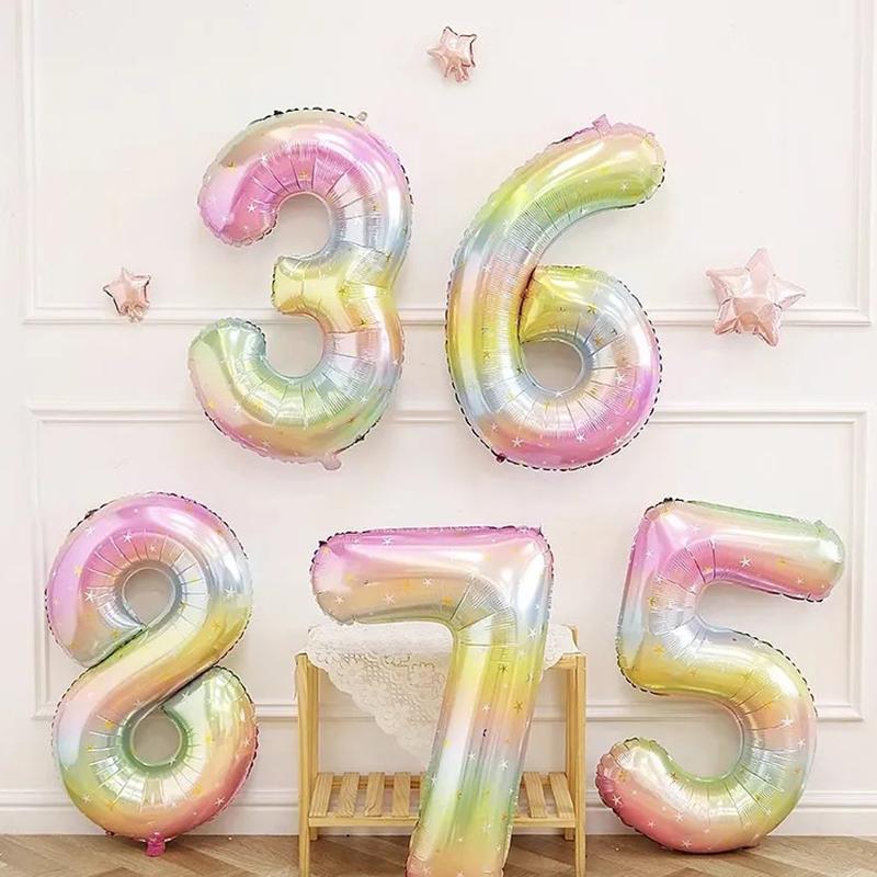 Balon cu numere 0-9 cu tema curcubeu de 40 inch, decorație de petrecere în stil unicorn magic, balon cu heliu din folie cu numere pentru decor de petrecere