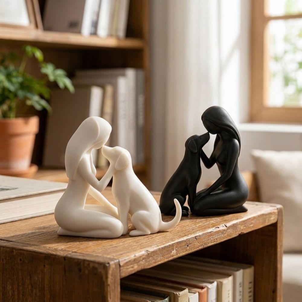 Minimalist Woman and Dog Friendship Sculpture 3D Printed Desktop Dog Statue  Living Room