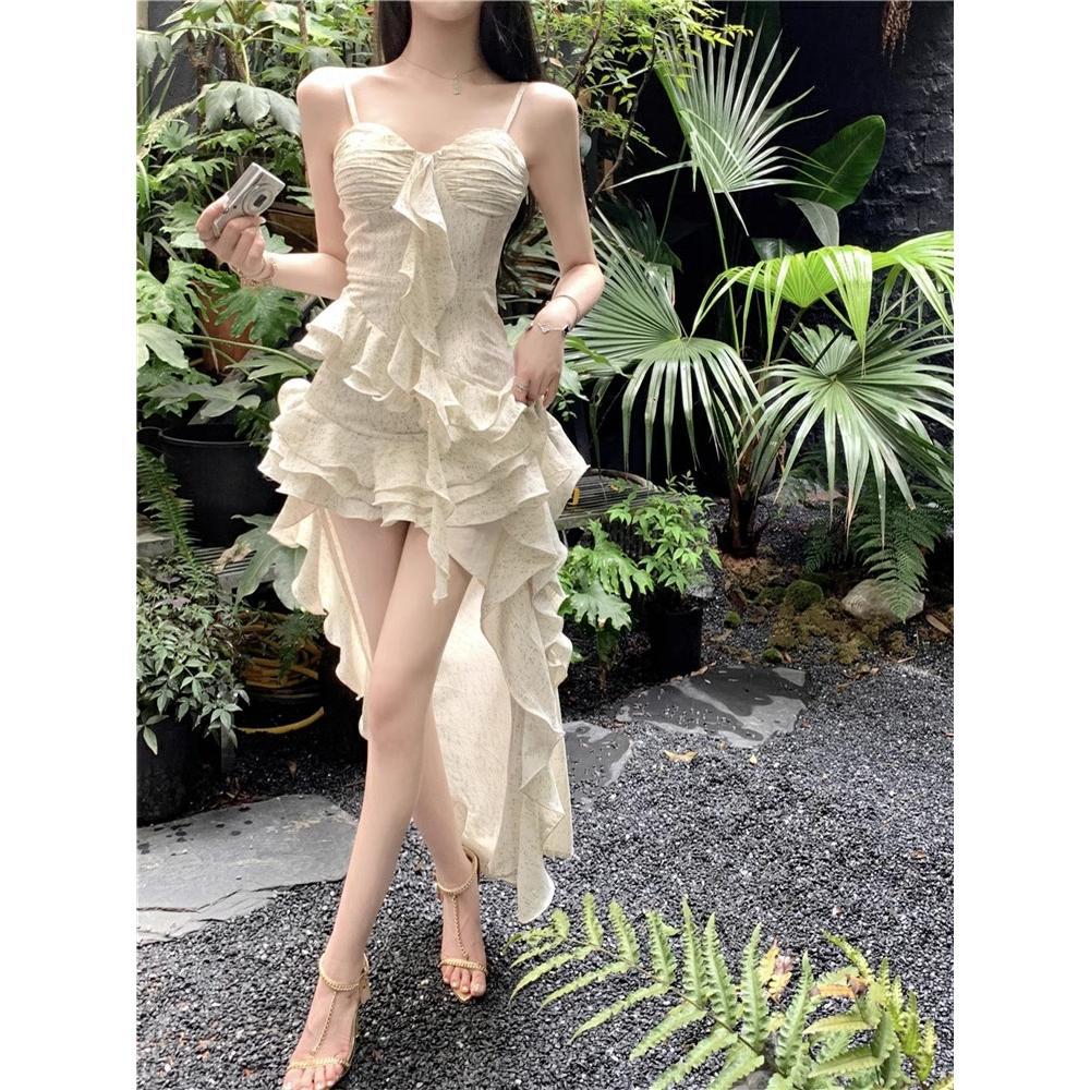 French ruffle edge irregular suspender dress fairy summer temperament high sense seaside vacation beach dress
