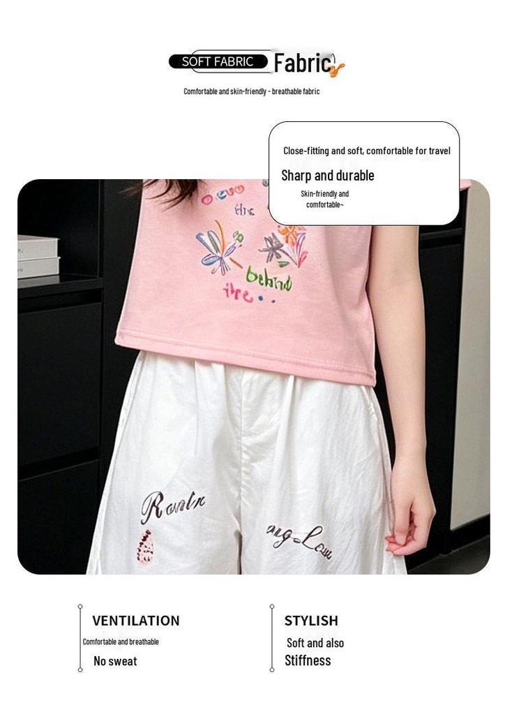 Sommer-Cartoon-T-Shirt & Weitbeinige Hosen Set für Mädchen - Stylisches Lässiges Zweiteiler für Mittlere & Große Kinder, Kollektion 2026.