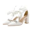 Fashion Chunky Heel Pointed Toe Hollow Out Rhinestone Bow Strap Wedding Bridal Party Shoes