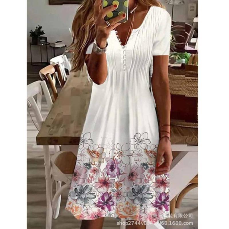 QICED Fashion Summer Spring  Short Sleeve V-Neck Casual Dresses