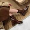 Women's boots thick heel square head short boots rear zipper leather boots versatile Korean women's leather boots