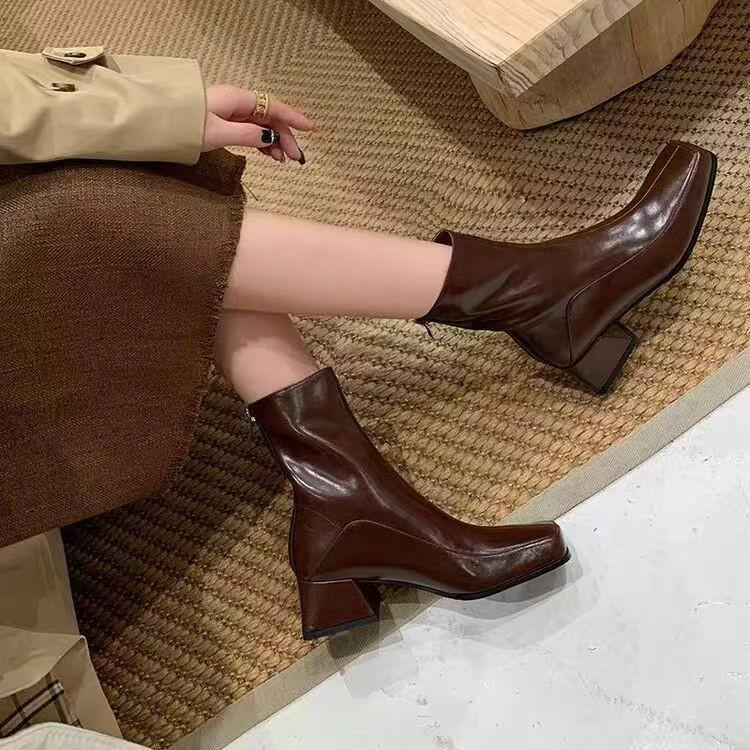 Women's boots thick heel square head short boots rear zipper leather boots versatile Korean women's leather boots